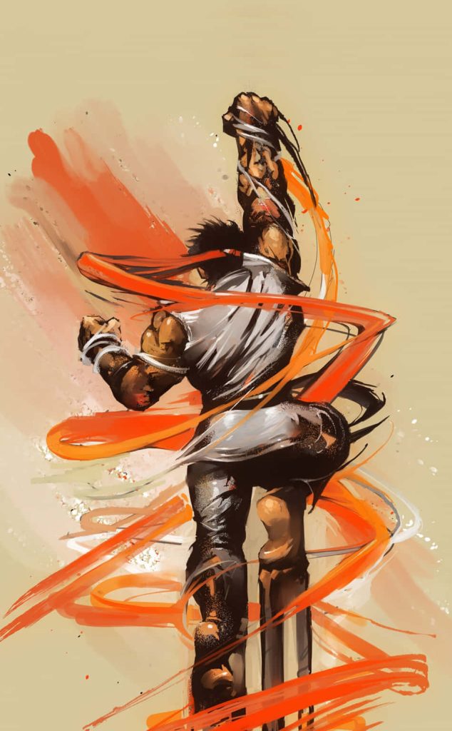 Street Fighter Ryu performing soaring energy strike with vibrant orange ink-wash trails wallpaper background