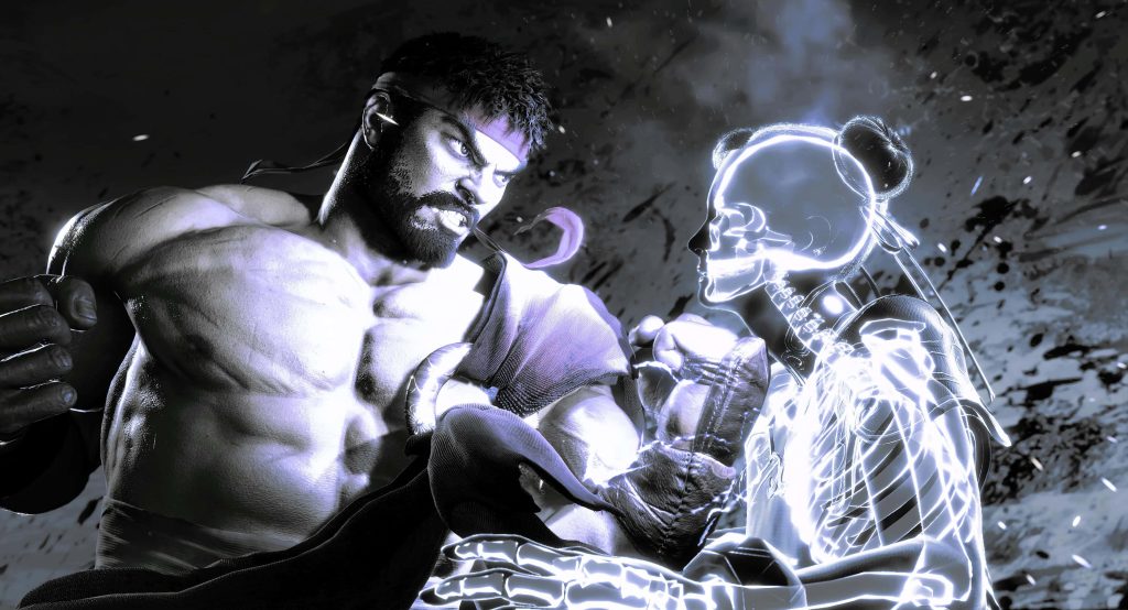 Street Fighter Ryu punches Chun Li electric X-ray effect cinematic dark action wallpaper