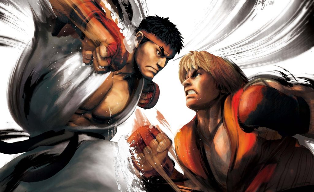 Ryu and Ken Street Fighter intense battle digital art bold ink brush strokes wallpaper