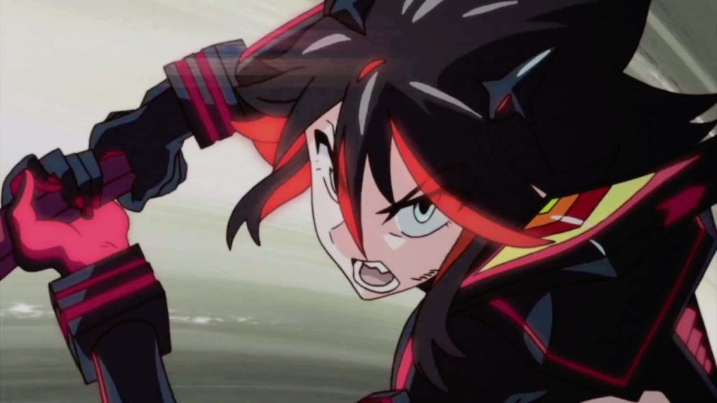 Ryuko Matoi in dynamic battle pose wielding Scissor Blade bold red black anime wallpaper