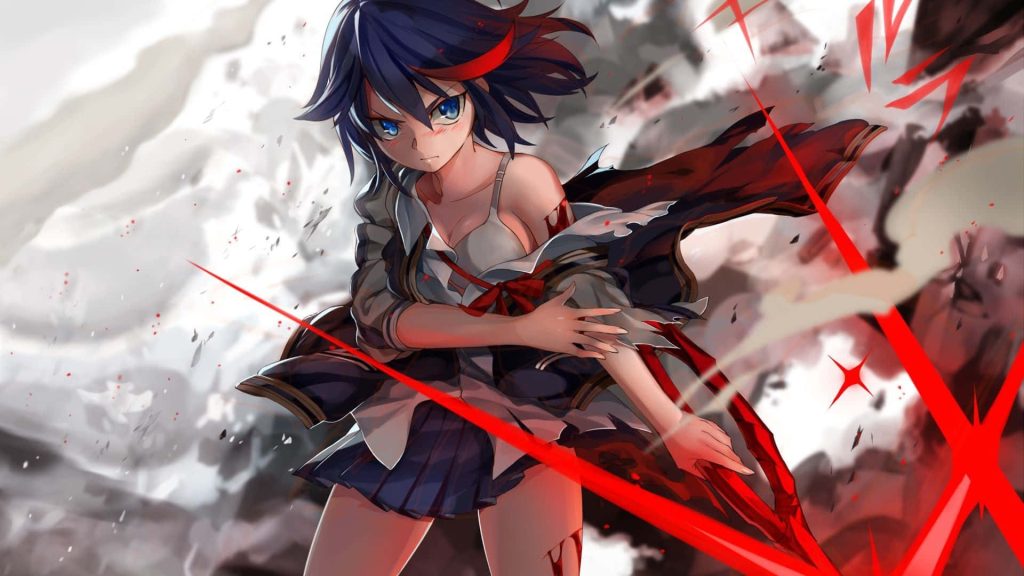 Ryuko Matoi fierce anime wallpaper with red energy slashes on smoky battleground background