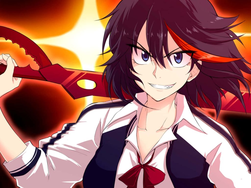 Ryuko Matoi from Kill la Kill wielding red Scissor Blade with fierce grin and orange explosion background Wallpaper