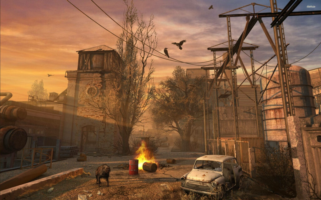 Post-apocalyptic Chernobyl S.T.A.L.K.E.R. wallpaper with abandoned factories and burning barrel