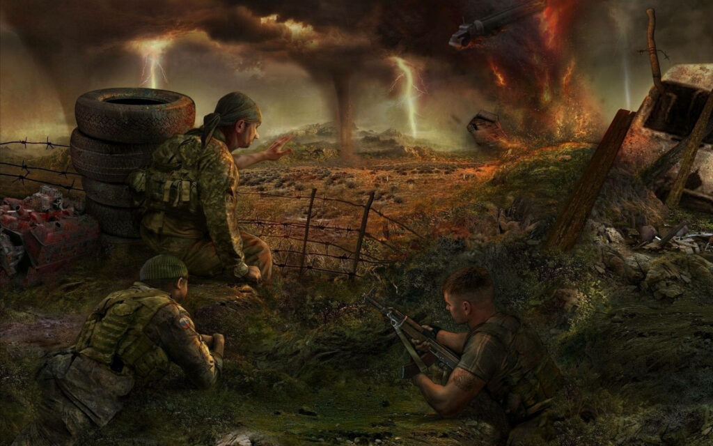 Three STALKER soldiers in military gear crouch in apocalyptic Chernobyl with storm clouds Wallpaper