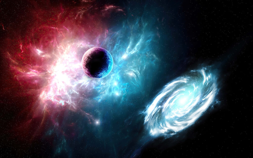 Vibrant cosmic wallpaper featuring a red-blue star and glowing planet amid ethereal nebula clouds.
