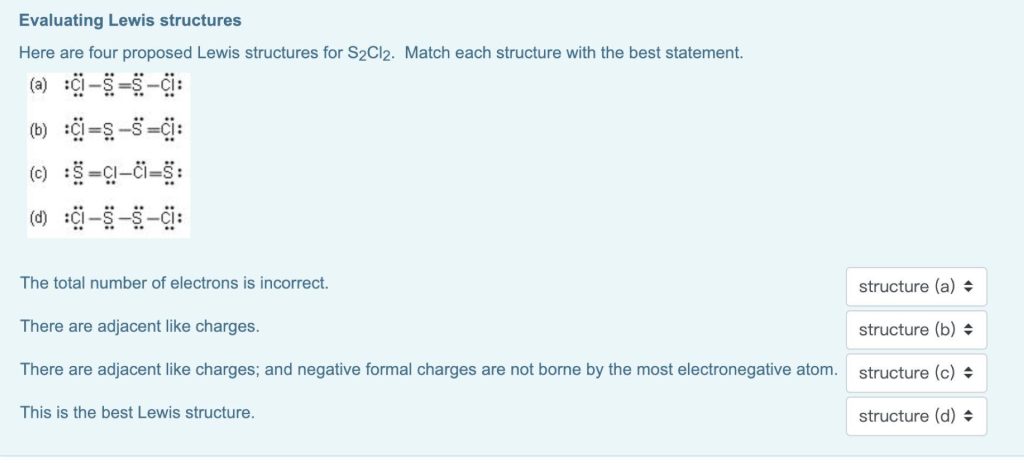 Educational chemistry problem matching Lewis structures for S2Cl2 focusing on formal charges and electrons Wallpaper