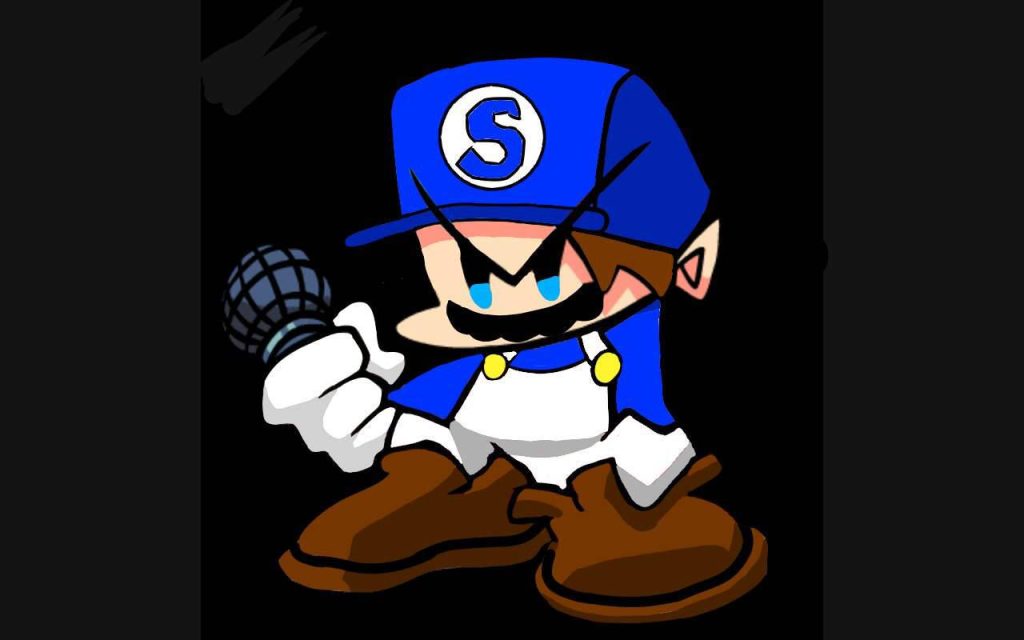 Stylized SMG4 Mario digital art with glowing eyes and microphone in Friday Night Funkin style Wallpaper