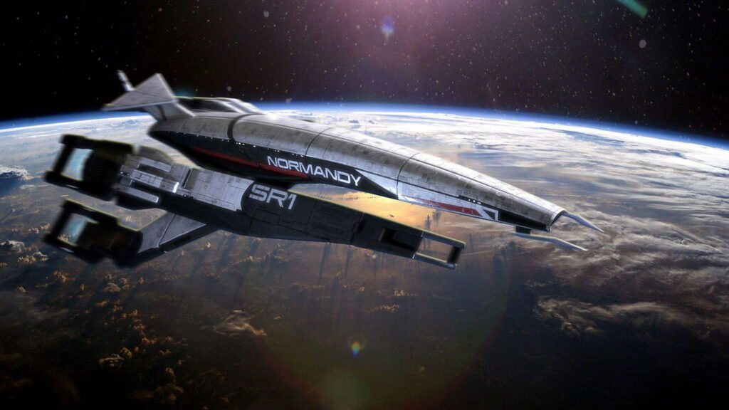SSV Normandy SR-1 spaceship orbiting a cloud-covered planet in cinematic Mass Effect CGI wallpaper