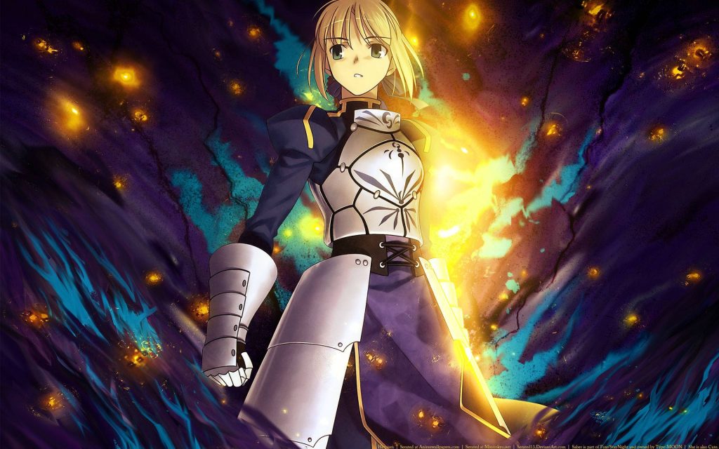Saber FateZero anime wallpaper silver armor glowing golden energy dark violet background