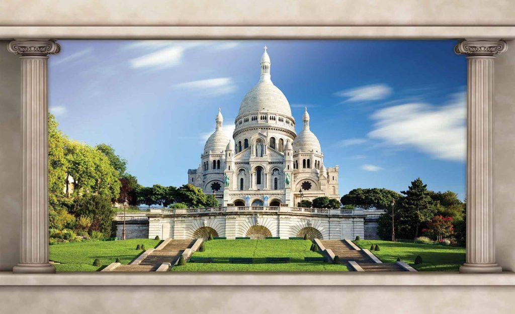 Sacré-Cœur Basilica viewed through classical columns with gardens and blue sky wallpaper background
