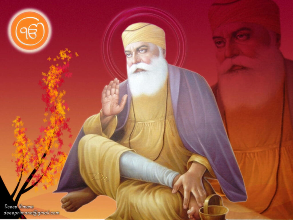Divine Radiance: Waheguru Nanak Dev Ji Illuminated by Vibrant Red and Yellow Background Wallpaper
