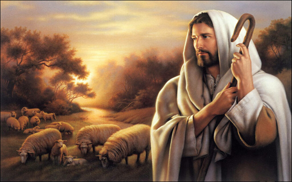 Savior in 4k: Jesus Embraces His Flock with Protective Vigilance in Majestic Background Wallpaper
