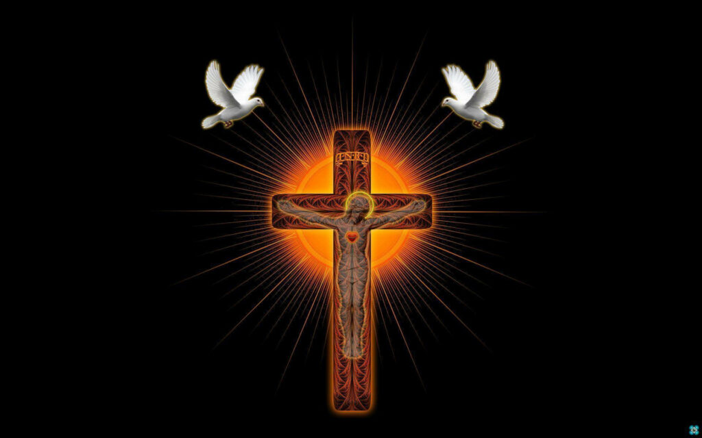 Sacred Illumination: A Divine Portrait of Jesus Christ Crucified, Radiating Love and Hope amidst Heavenly Doves Wallpaper