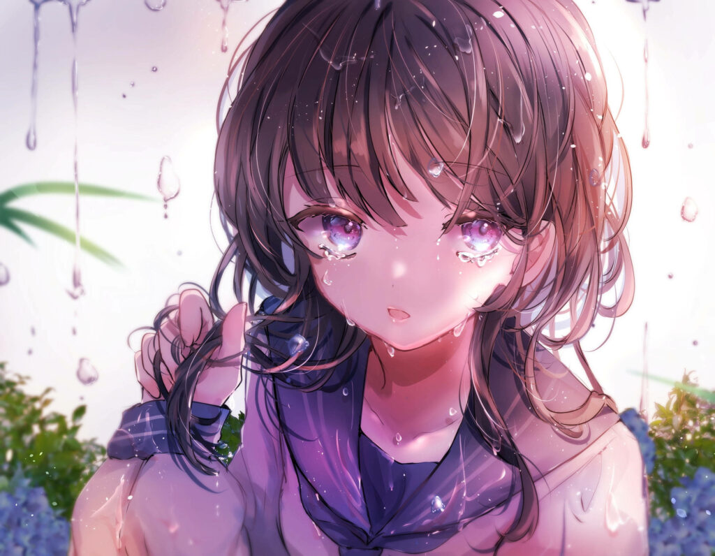 Sad Aesthetic Anime Girl Wallpaper with Water Drops & Emotive Vibes