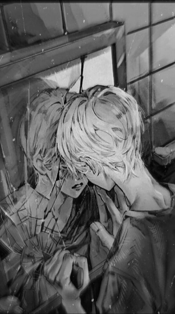 Anime Character in Broken Mirror: Black and White Wallpaper Art