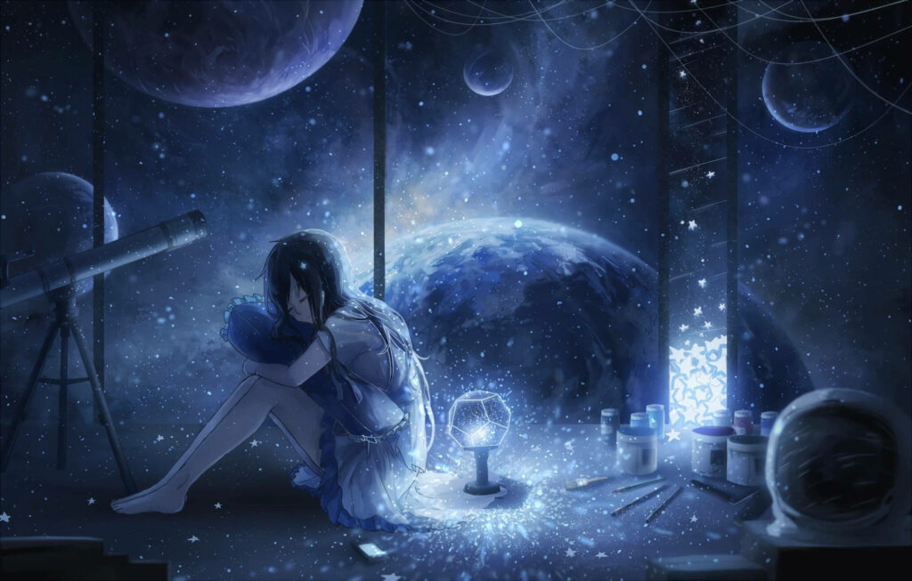 Sad Anime Girl in Cosmic Room - Celestial Wallpaper Background
