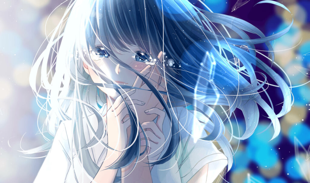 Melancholic Anime Girl Wallpaper: Dreamy Sparkling Background