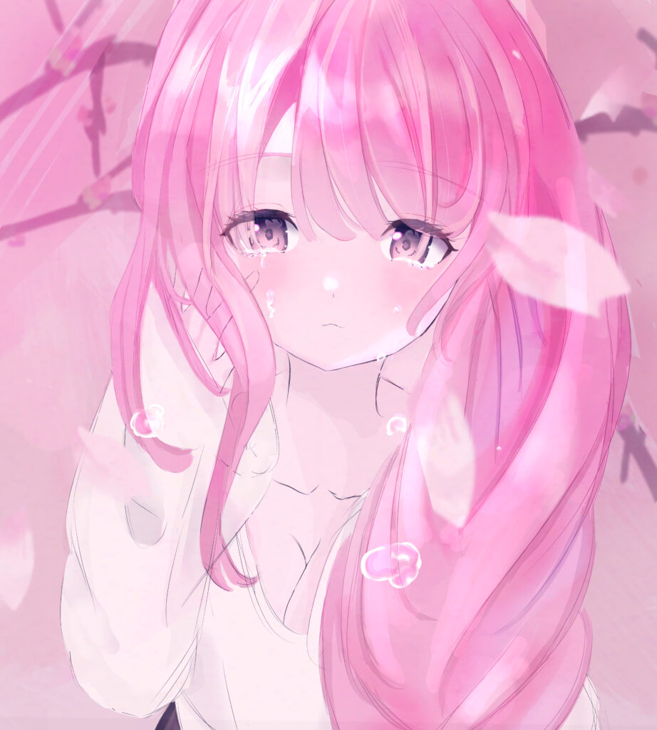 Anime Girl with Pink Hair: Emotional Wallpaper with Floral Background