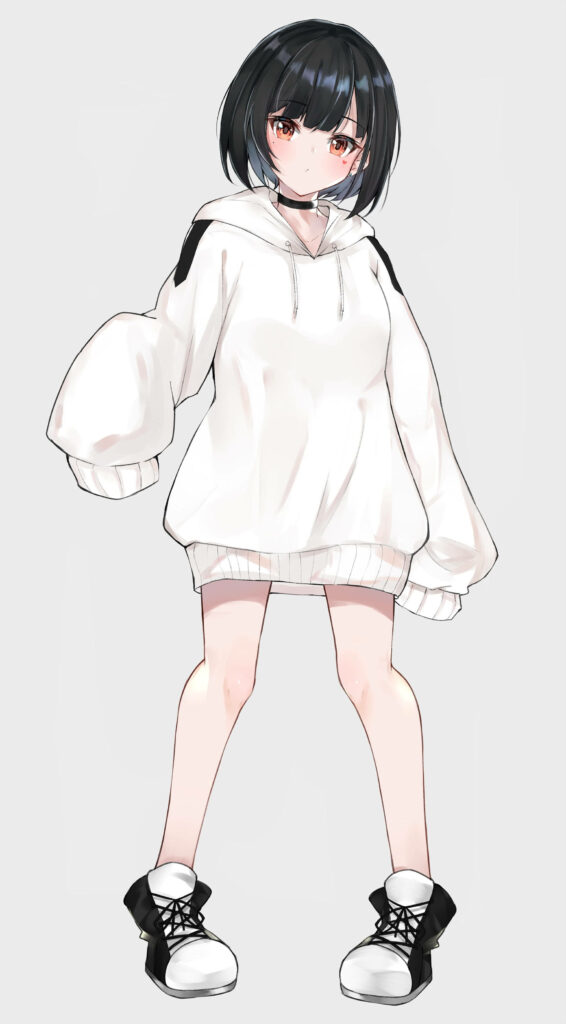 Sad Anime Girl in Minimalist Black & White Hoodie Wallpaper