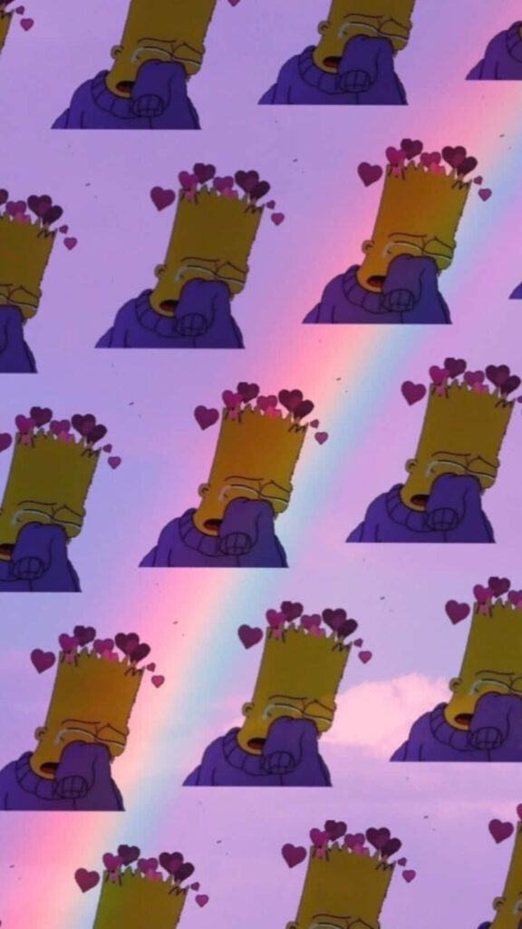 Sad Bart Simpson Pastel Rainbow Wallpaper with Heart Accents