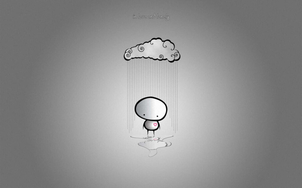Sad Cartoon Character Under Raincloud with 'In Love and Lonely' Text Wallpaper