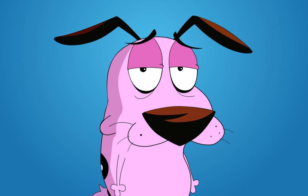 Courage the Cowardly Dog sad expression with pink fur on blue gradient minimalist wallpaper background