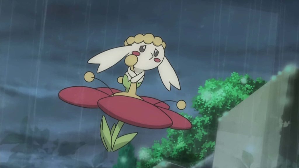 Sad Flabébé clutching red flower in rainy storm 2D anime wallpaper background desktop
