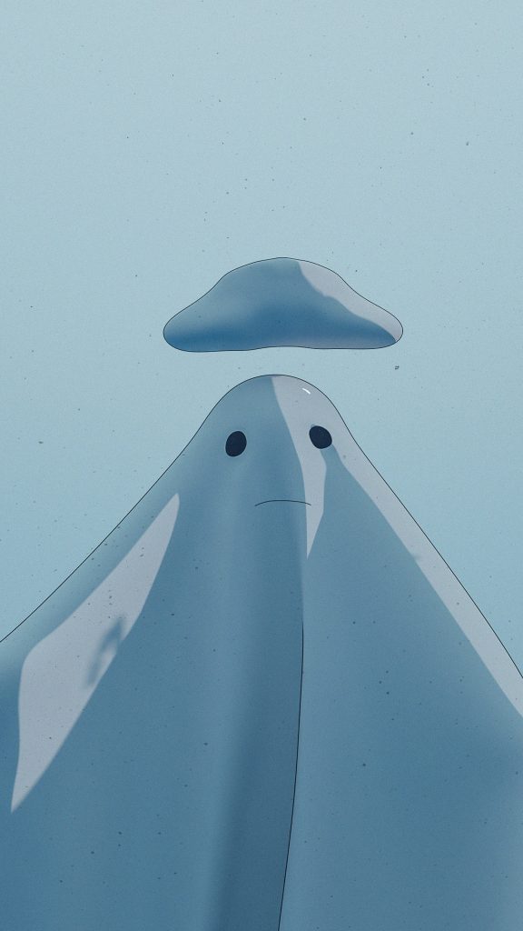 Sad ghost with floating halo in cool blue tones minimalist digital wallpaper background