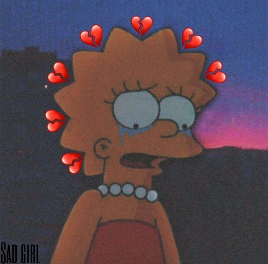 Crying Lisa Simpson with broken red hearts on moody grainy sunset sad aesthetic wallpaper background