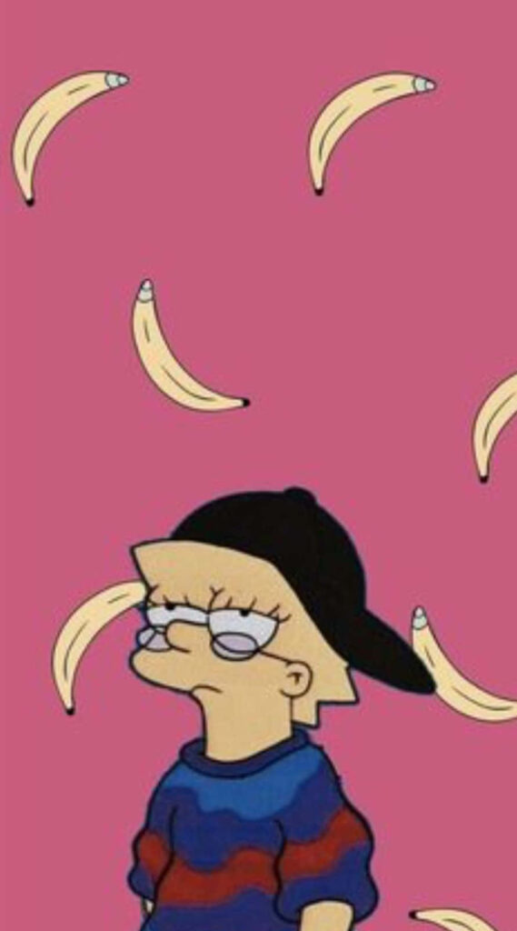 Lisa Simpson Minimalist Wallpaper: Sad Sweater & Cap on Pink Bananas