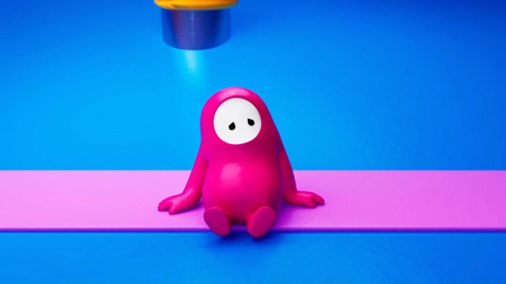 Sad pink Fall Guys character sitting on purple platform bright blue background digital art wallpaper