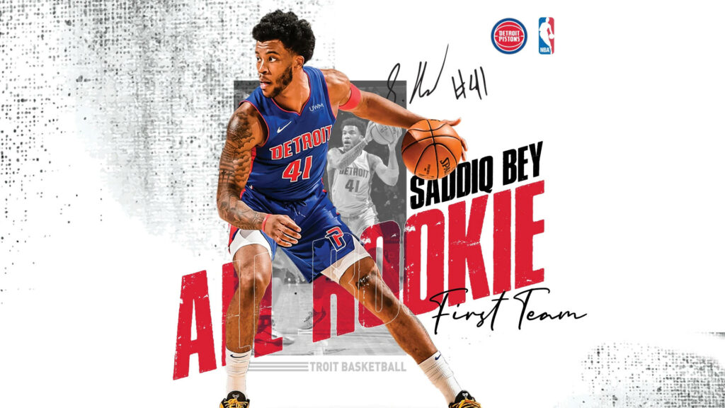 Detroit Pistons rookie Saddiq Bey dribbling in blue jersey number 41 with All Rookie First Team text Wallpaper