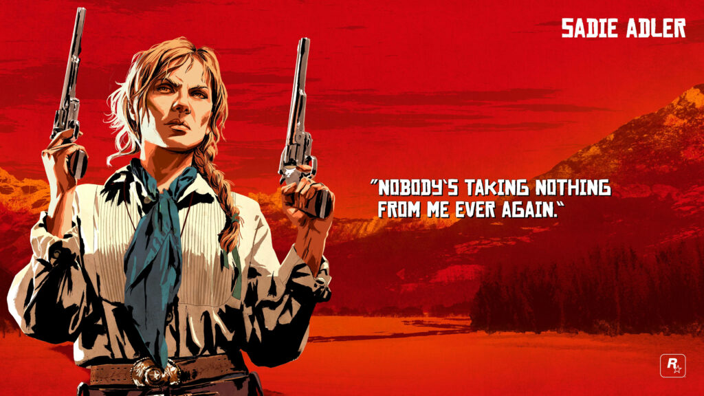 Sadie Adler Red Dead Redemption 2 wallpaper dual pistols red sunset rugged mountains cowboy