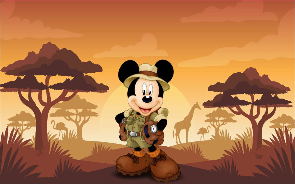 Mickey Mouse in safari gear on African savanna with acacia trees giraffe ostrich sunset 4K wallpaper
