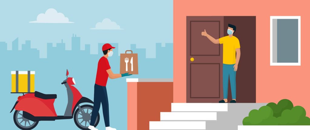 Vector illustration of safe home food delivery with masked courier and happy customer doorstep Wallpaper