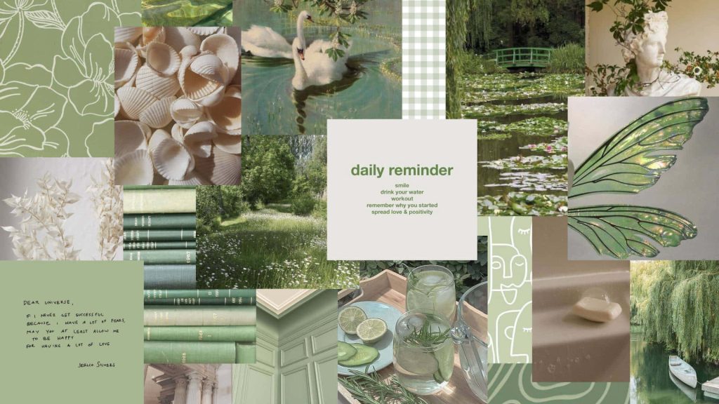 Sage green collage wallpaper with Monet garden bridge swans fairy wings seashells calming nature