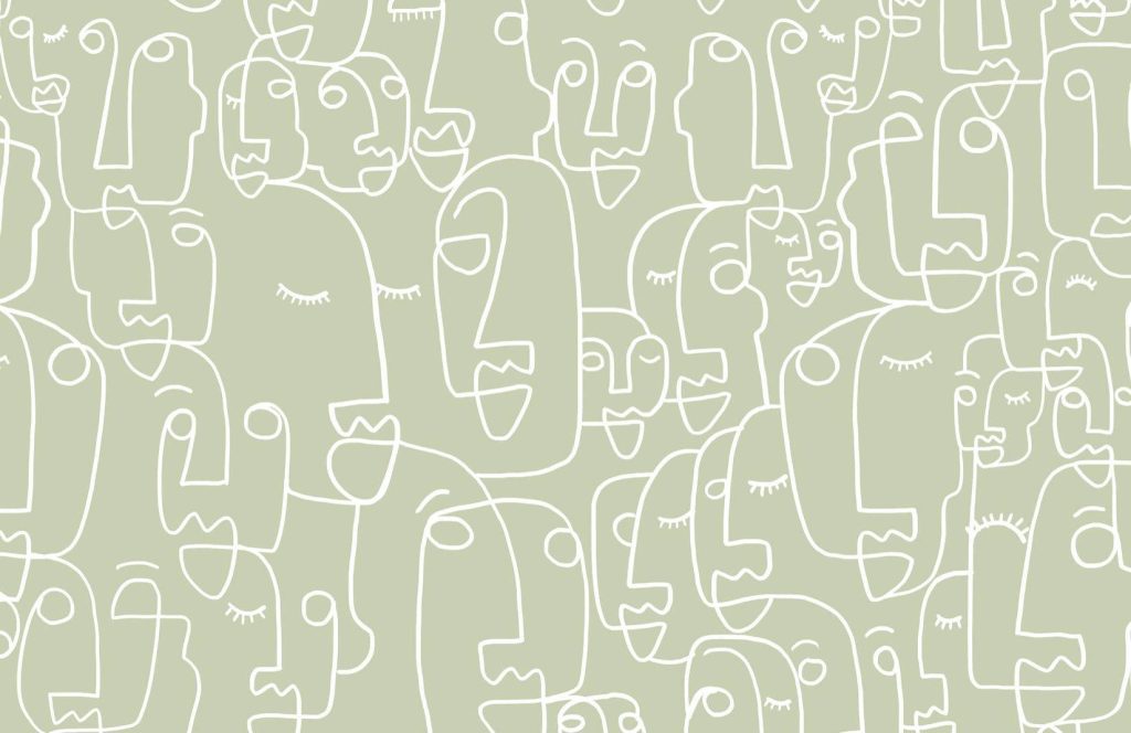 Sage green wallpaper with minimalist white line art of abstract stylized faces digital illustration