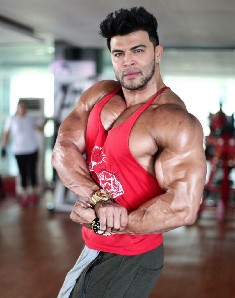 Sahil Khan Indian bodybuilder showing muscular physique posing confidently in gym with wallpaper background