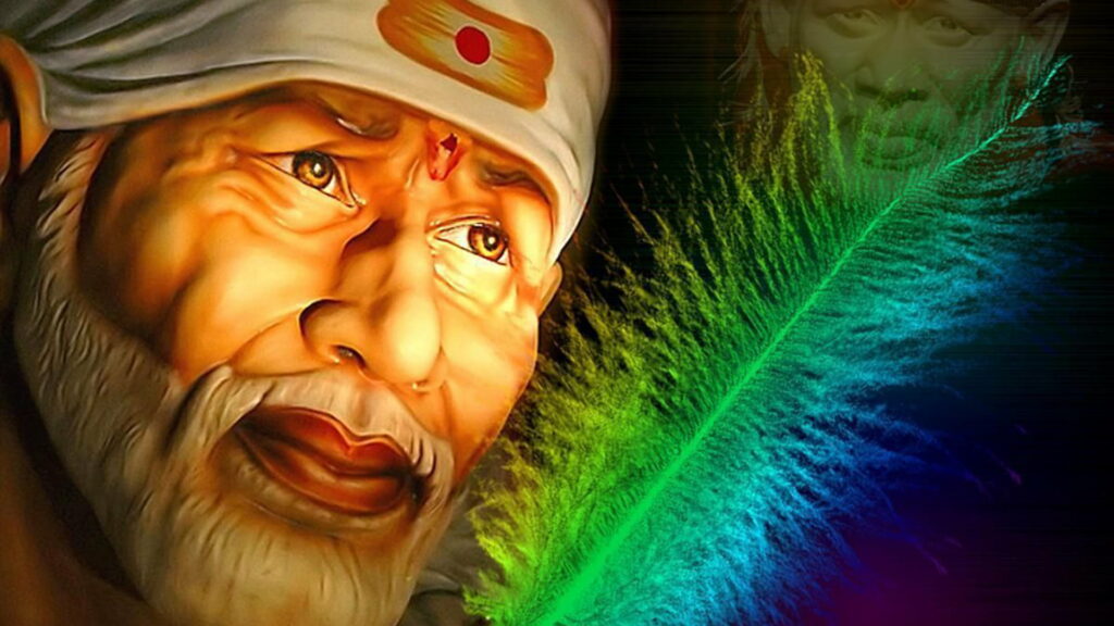HD digital artwork of Shirdi Sai Baba with glowing neon peacock feather spiritual wallpaper