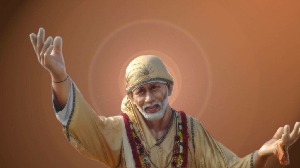 Radiant Sai Baba: A Stunning HD Wallpaper of the Spiritual Master with a Halo and Raising Hands Against a Brown Backdrop