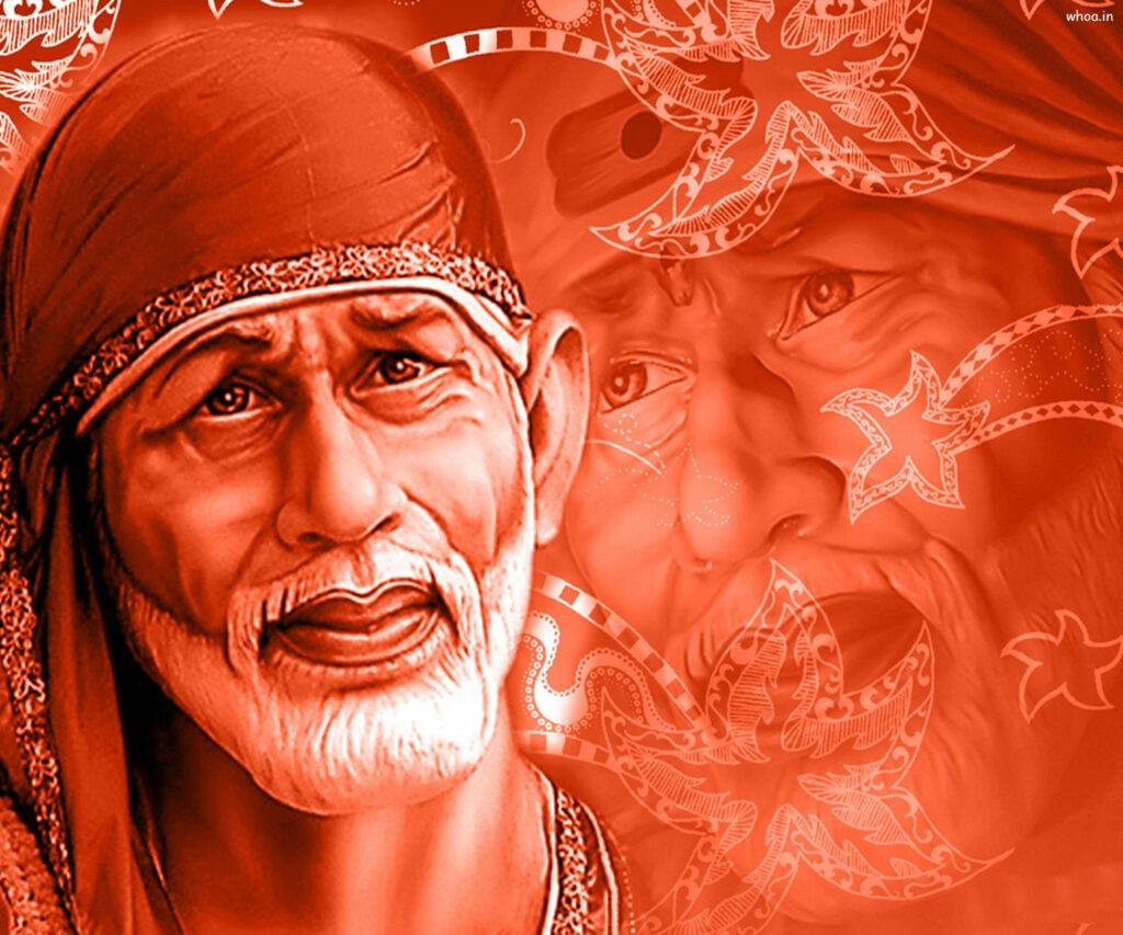 Divine Elegance: 4K Wallpaper of Sai Baba's Sophisticated Art with Red-filtered Headcloth Cap