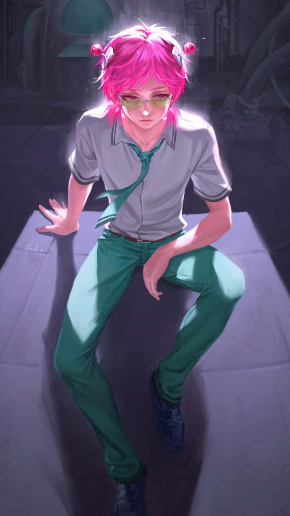Saiki Kusuo digital anime wallpaper pink hair glowing antennas moody dimly lit background mobile