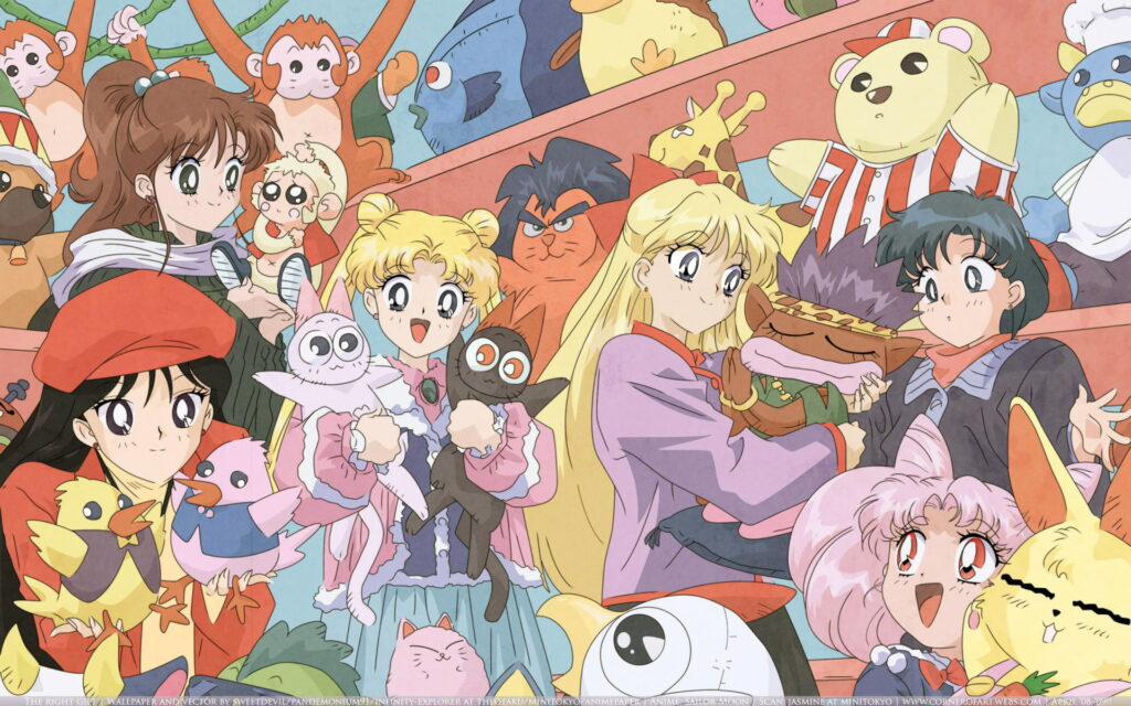 Sailor Moon Inner Senshi and Chibiusa pastel wallpaper with colorful plush toys nostalgic anime