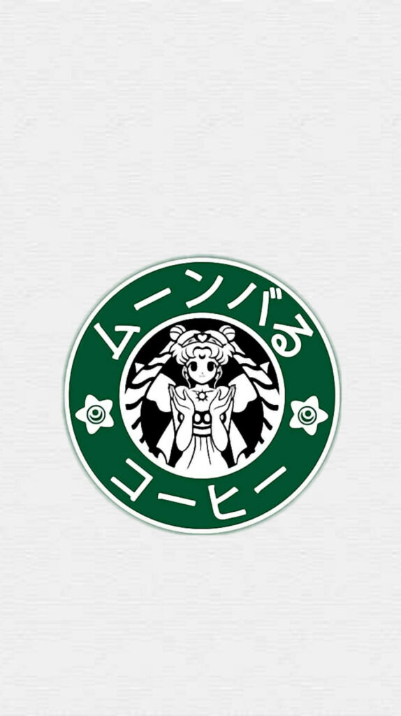 Starbucks logo merged with Sailor Moon anime character green white wallpaper background design