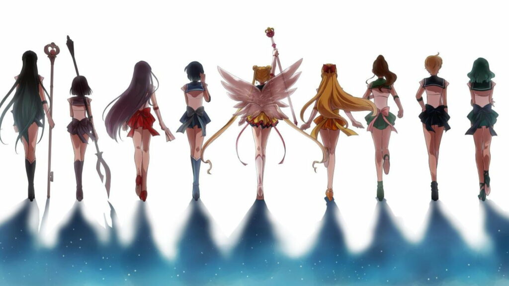 Eternal Sailor Moon and Sailor Guardians walking forward with blue shadows on white background Wallpaper