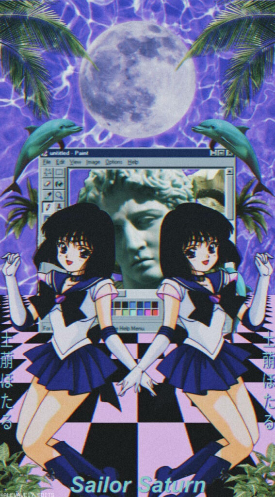 Retro Anime Sailor Saturn Wallpaper: Vaporwave Aesthetic Design