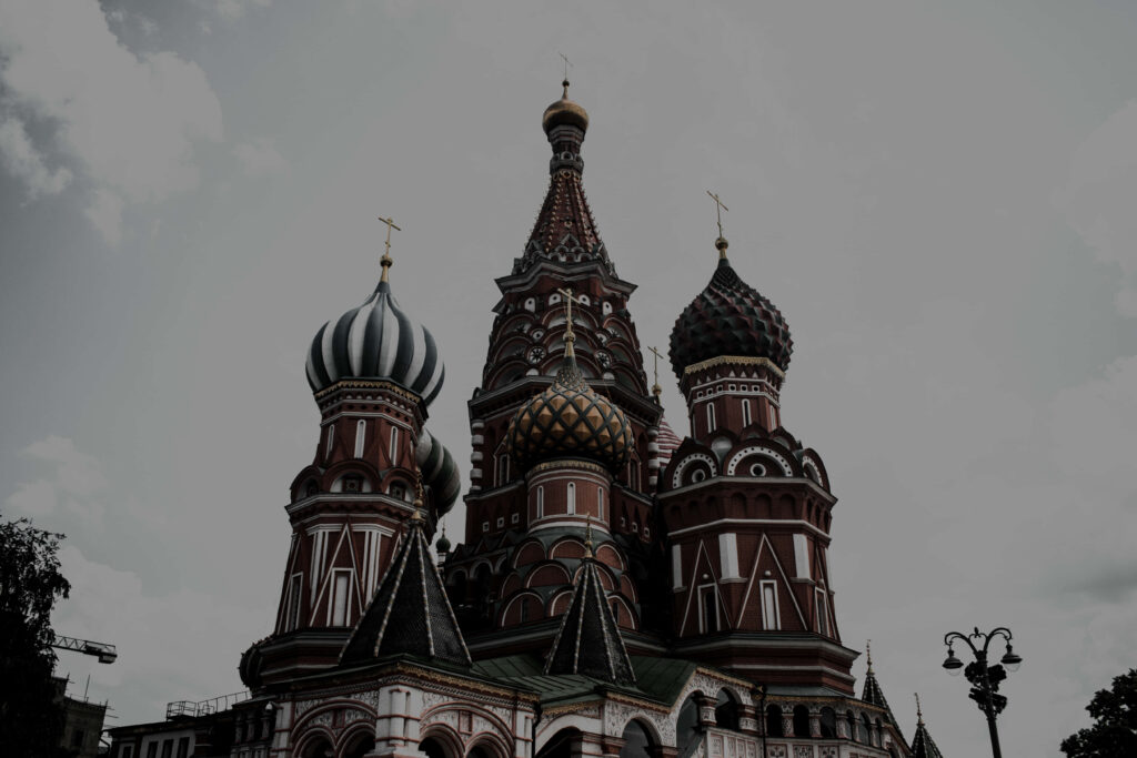 Monochrome close-up of Saint Basil's Cathedral domes showcasing intricate Moscow architecture Wallpaper