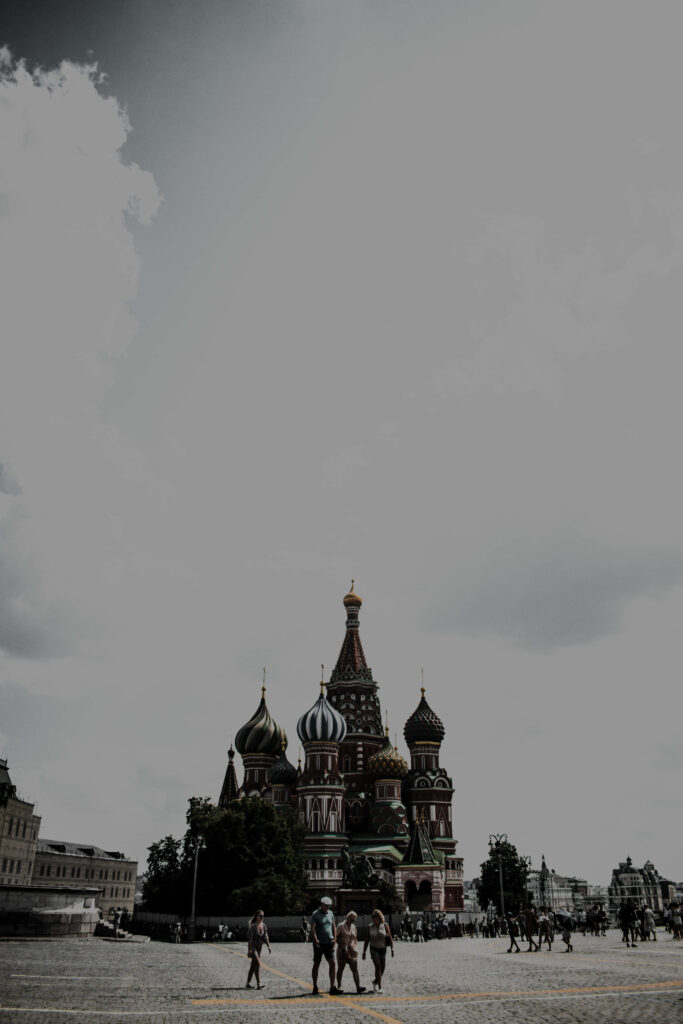 Black and white wallpaper of Saint Basil's Cathedral Moscow dramatic sky historic architecture