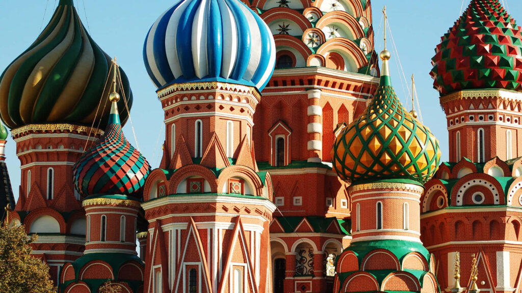 Close-up of Saint Basil's Cathedral colorful domes intricate architecture Moscow wallpaper background