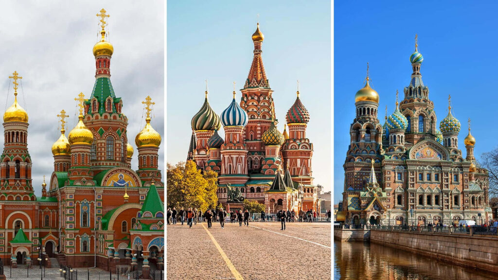 Saint Basil's Cathedral Moscow colorful onion domes intricate architecture clear sky visitors wallpaper